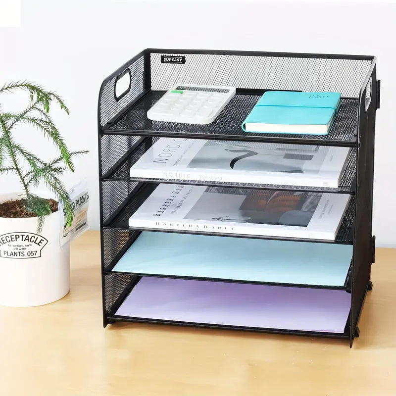 Black Mesh Desktop File Organizer - 5-Layer, Portable and Sleek Design
