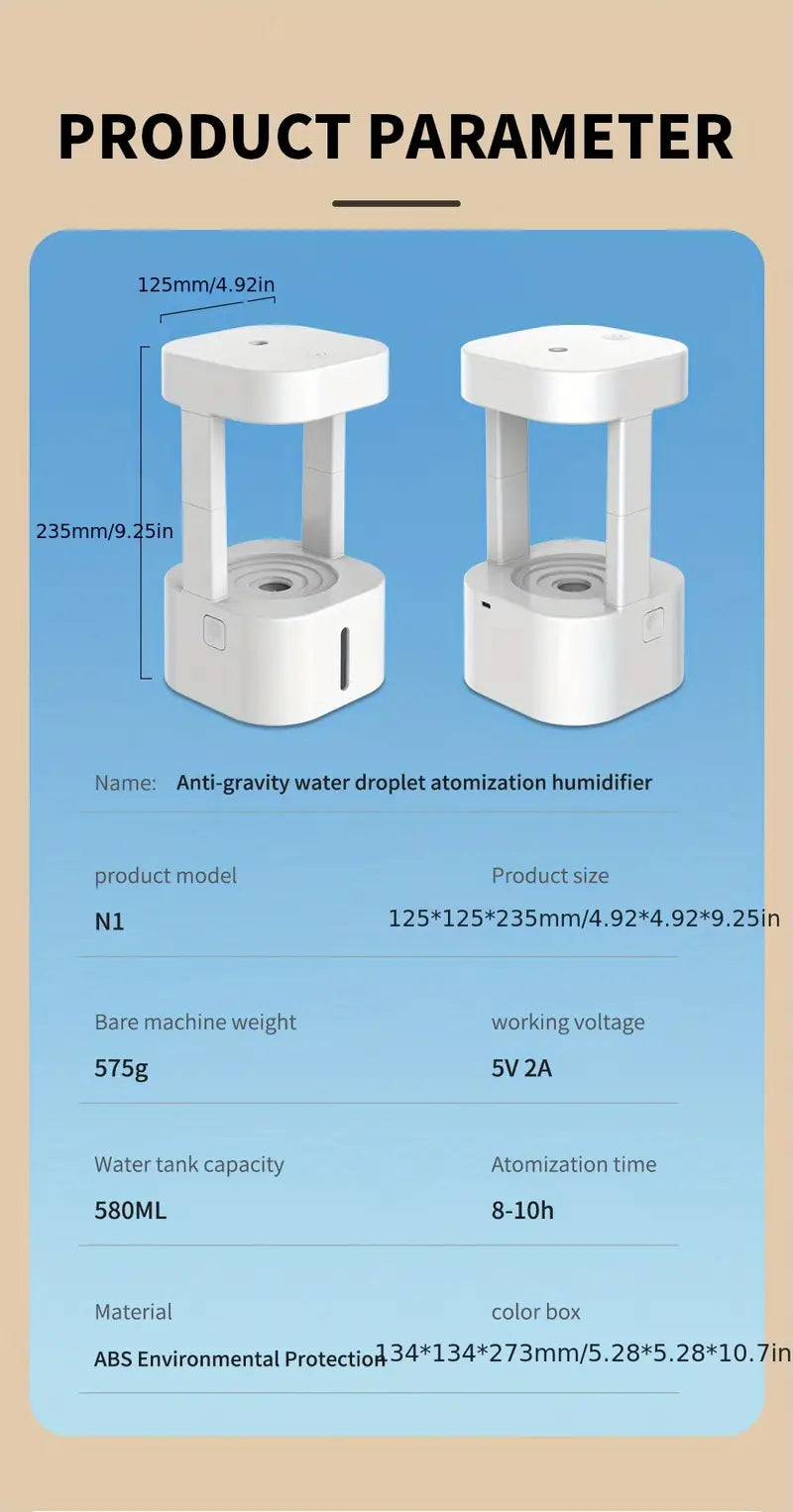 Levitating Plant Water Drop Humidifier - 580ML Cool Mist, Anti Gravity Design, USB Powered, Nightlight