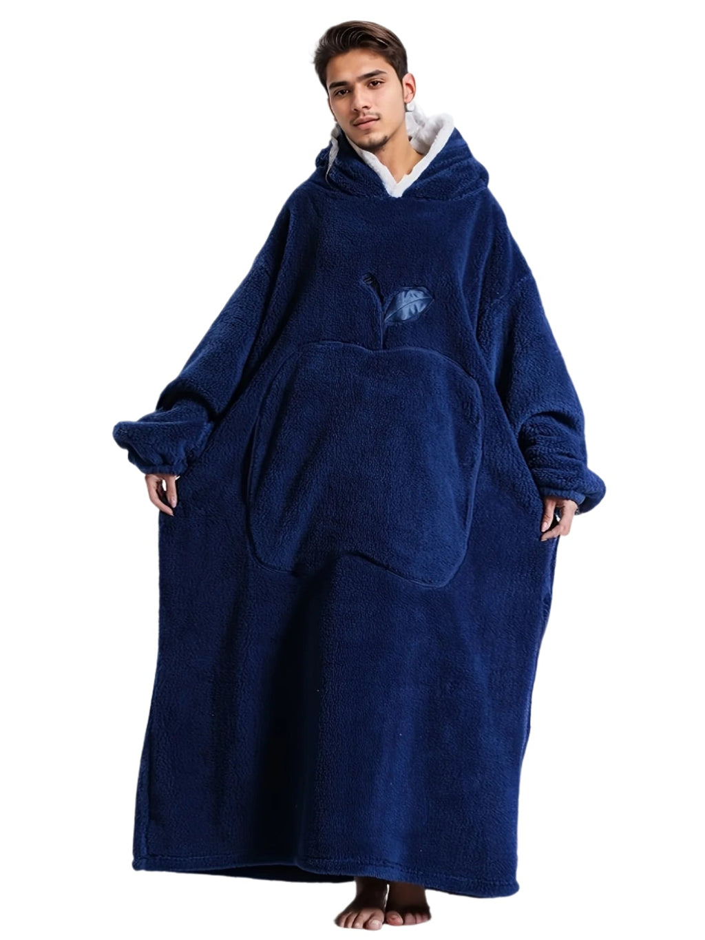 Winter Fleece Hooded Robe Navy Blue Blanket