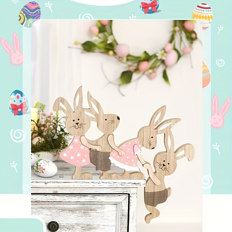 Rustic Wooden Easter Bunny Family Ornament 3D Decoration