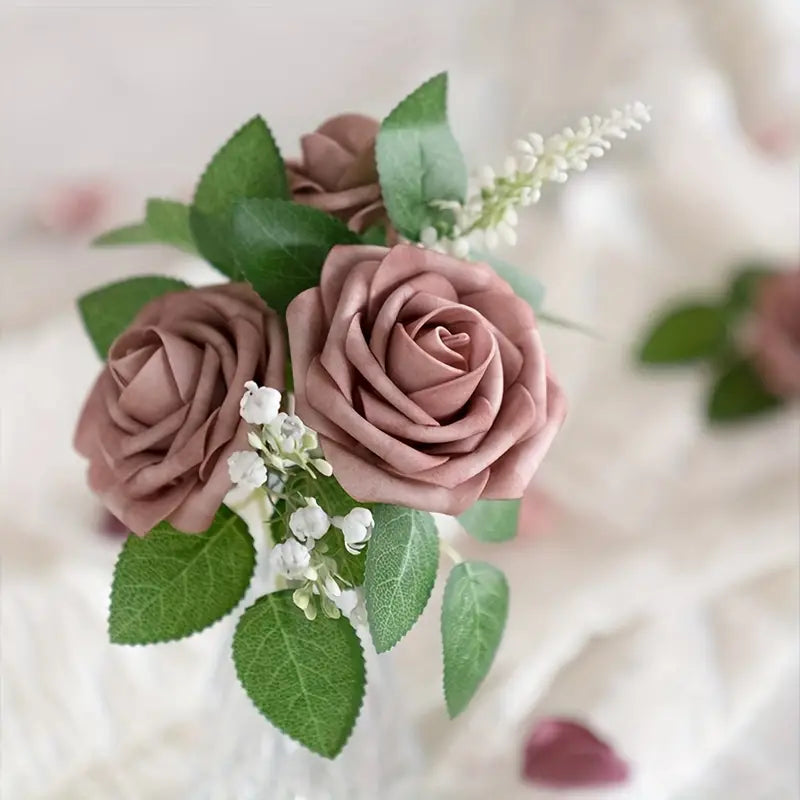 Dusty Rose Artificial Roses Flowers (25pcs) - Real Touch PE Foam, Flexible Wire Stems
