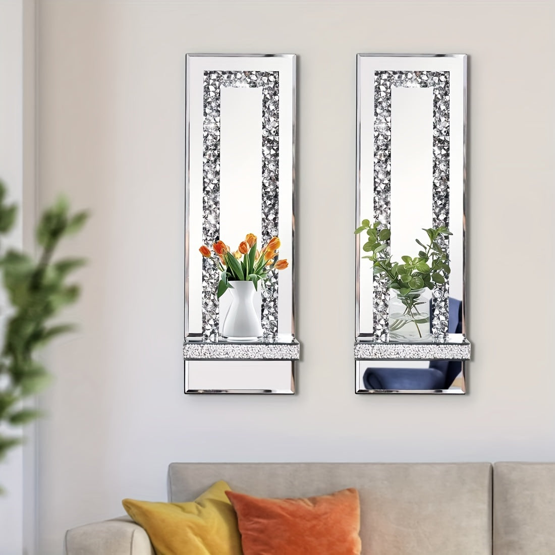 Wall Mirror Candle Holder Set with Silver Diamonds