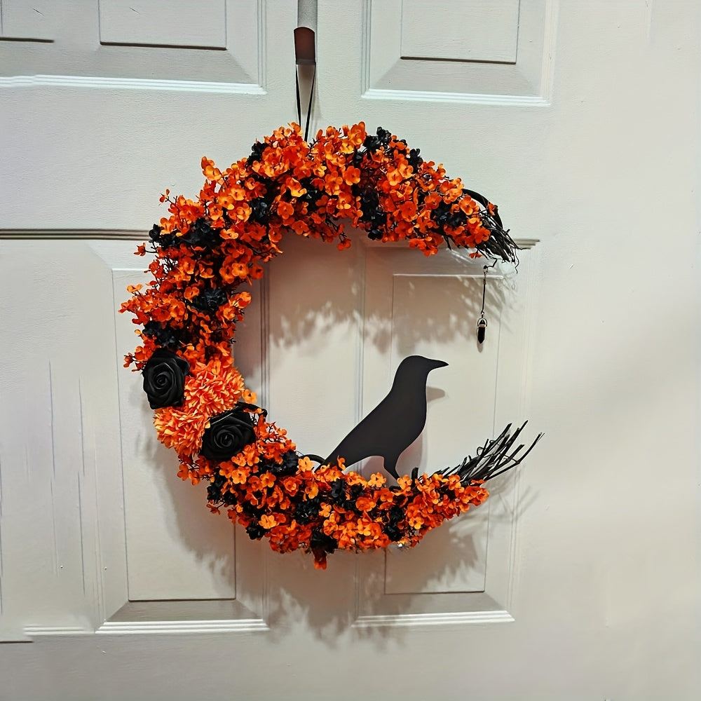 Halloween Moon & Crow Wreath Wall Decor