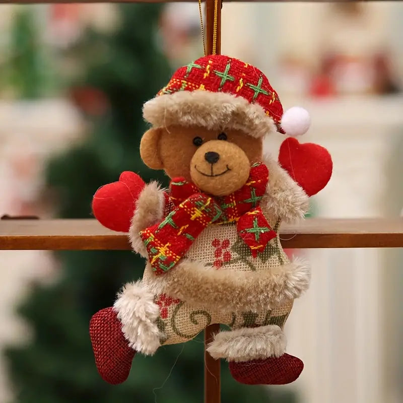 4PCS Christmas Tree Accessories: Dancing Old Man, Snowman, Deer, Bear Cloth Puppets