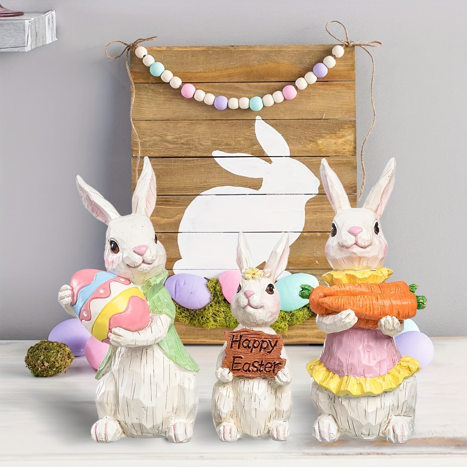 3pcs Vintage Easter Rabbit Resin Ornaments Decor