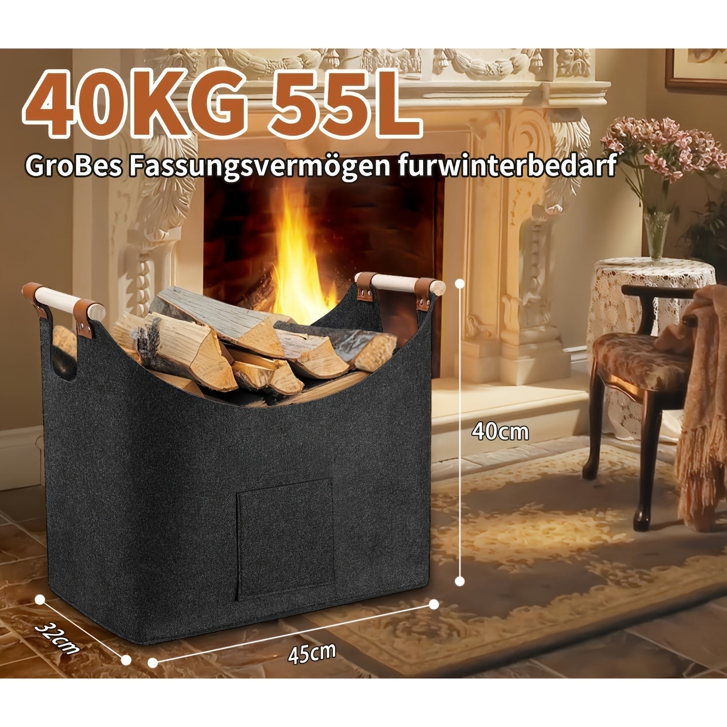 Wooden Firewood Basket with Blanket