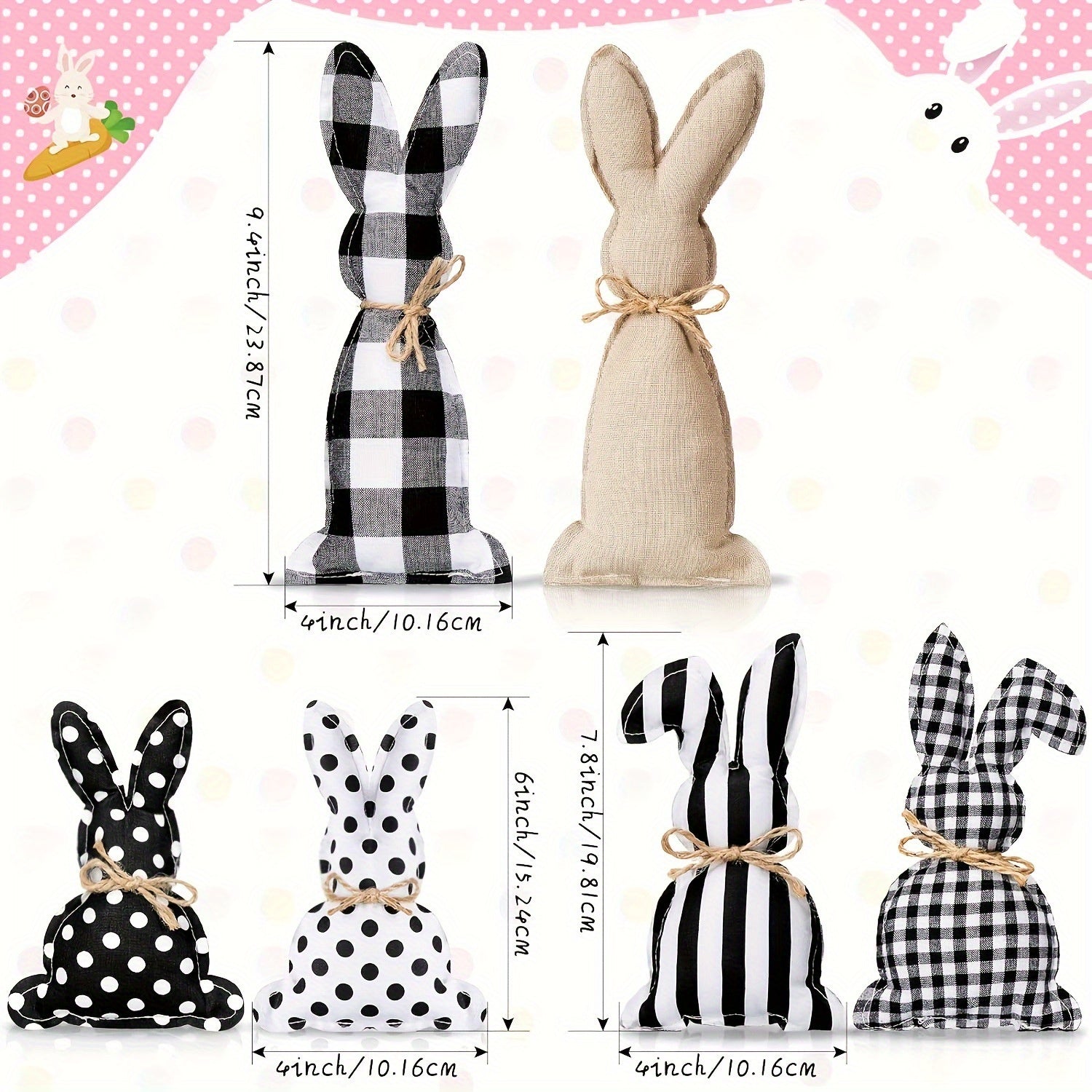 Set Of 6 Easter Bunny Decor With Polka Dot Baskets
