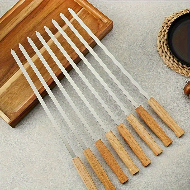 8-Pack Stainless Steel BBQ Skewers with Wooden Handles