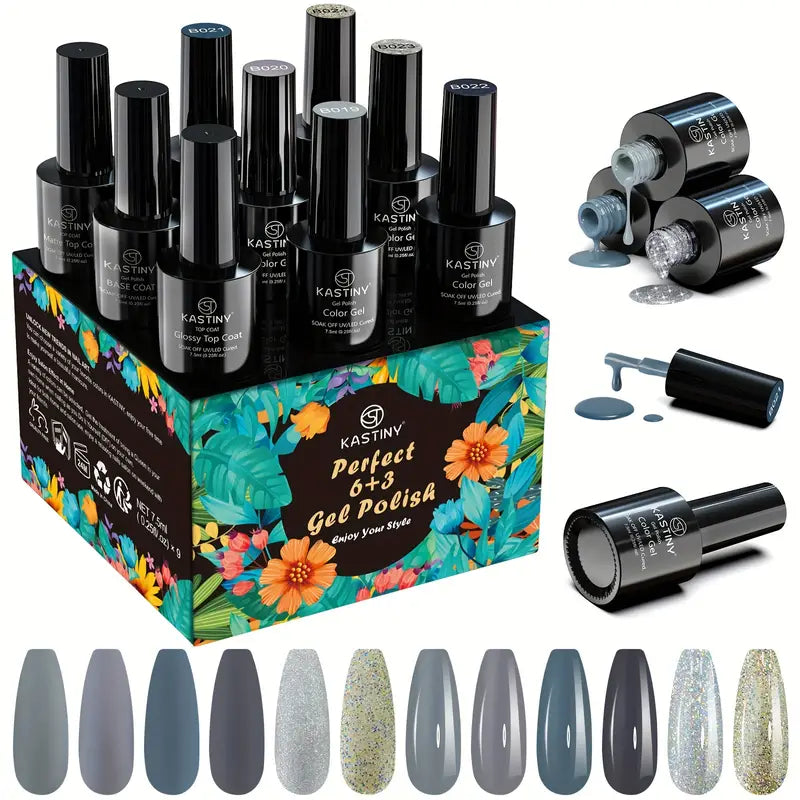 9 Pcs Elegant Soak Off Gel Nail Collection With Base, Glossy & Matte Gel Top Coat, Gel Nail Polish Set DIY Manicure Kit