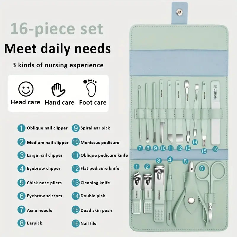 12/16 Pcs Manicure Pedicure Facial Set  With Leather Case