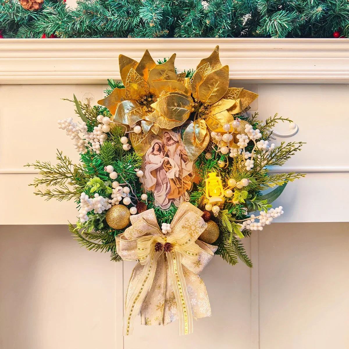 Christmas Jesus Wreath Golden Flower Garland Decoration