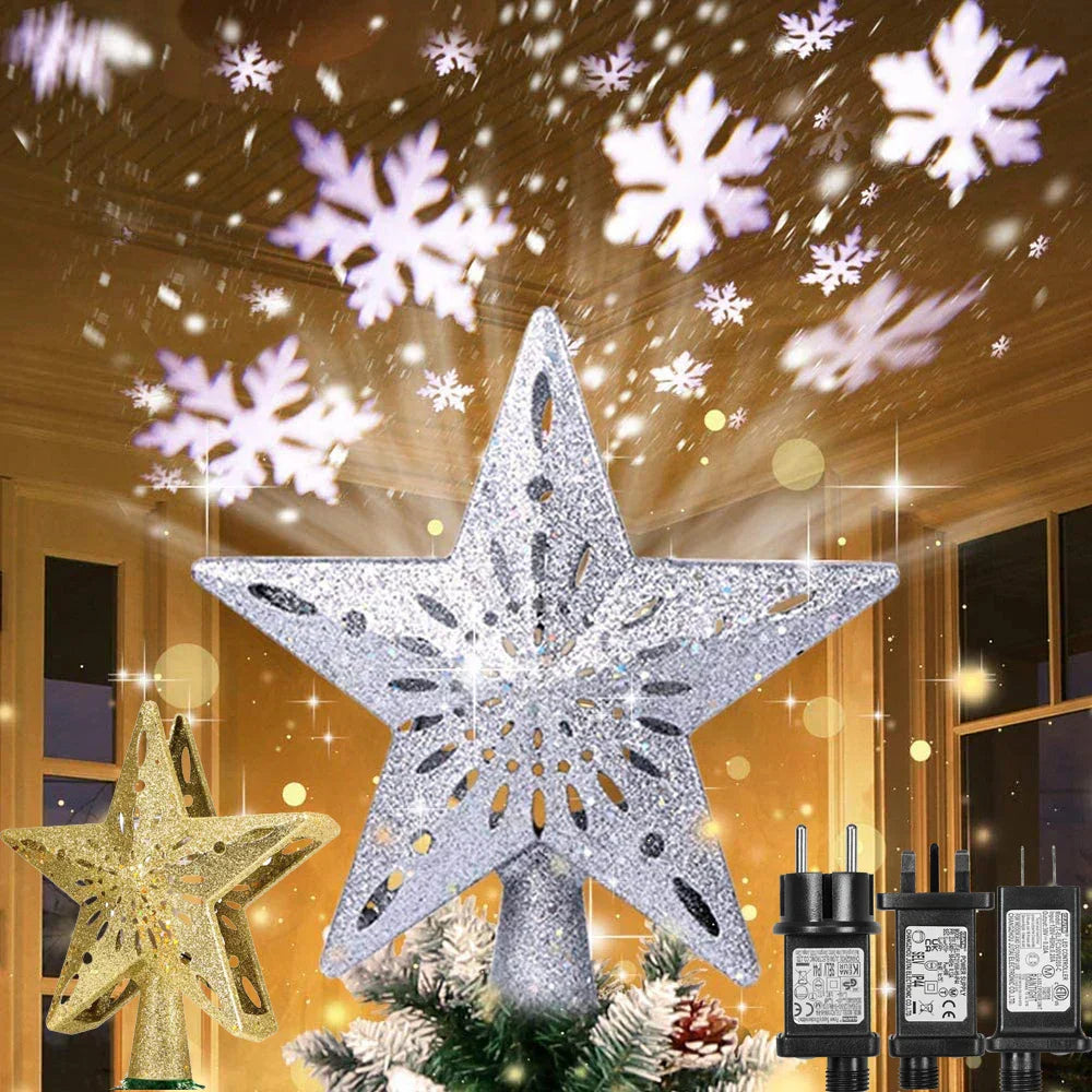 3D Glitter Star Christmas Tree Topper With Rotating Led Snowflake Projector