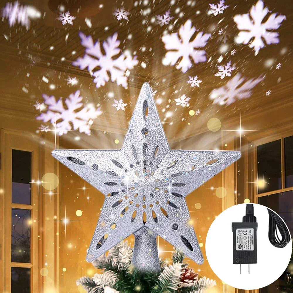 3D Glitter Star Christmas Tree Topper With Rotating Led Snowflake Projector