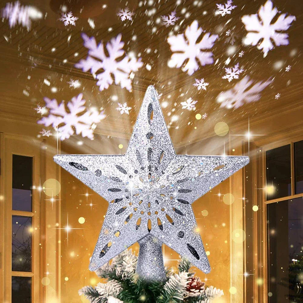 3D Glitter Star Christmas Tree Topper With Rotating Led Snowflake Projector