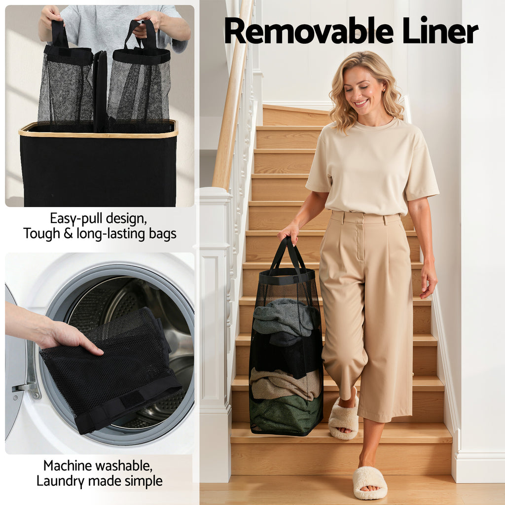2-Section Foldable Laundry Basket with Removable Bags