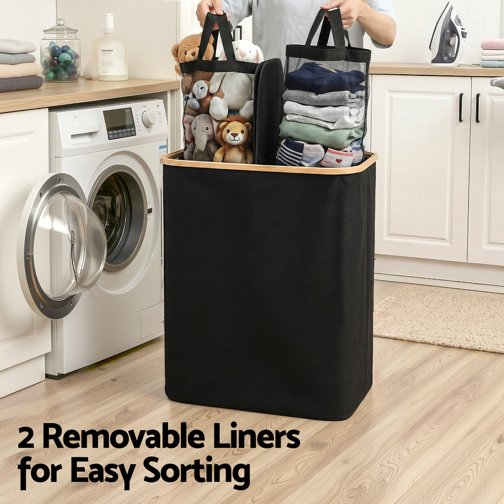 2-Section Foldable Laundry Basket with Removable Bags