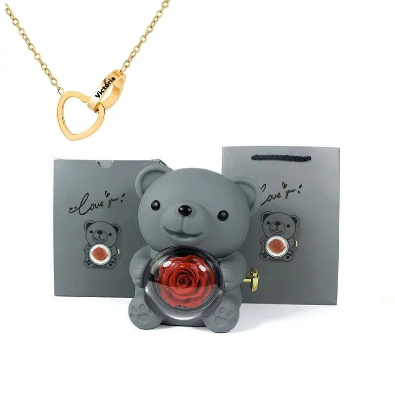 Eternal Rose Teddy Bear Gift Box With Necklace (Gray Rose Gold)