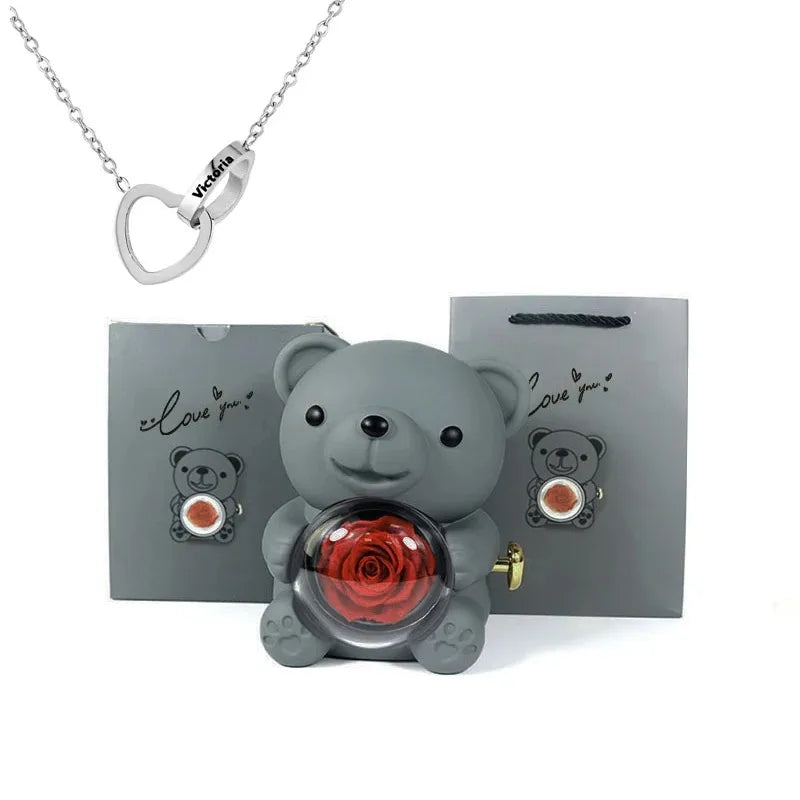 Eternal Rose Teddy Bear Gift Box With Necklace (Gray Silver)