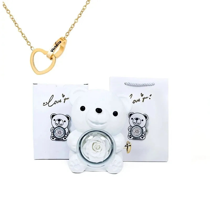 Eternal Rose Teddy Bear Gift Box With Necklace (White Gold)