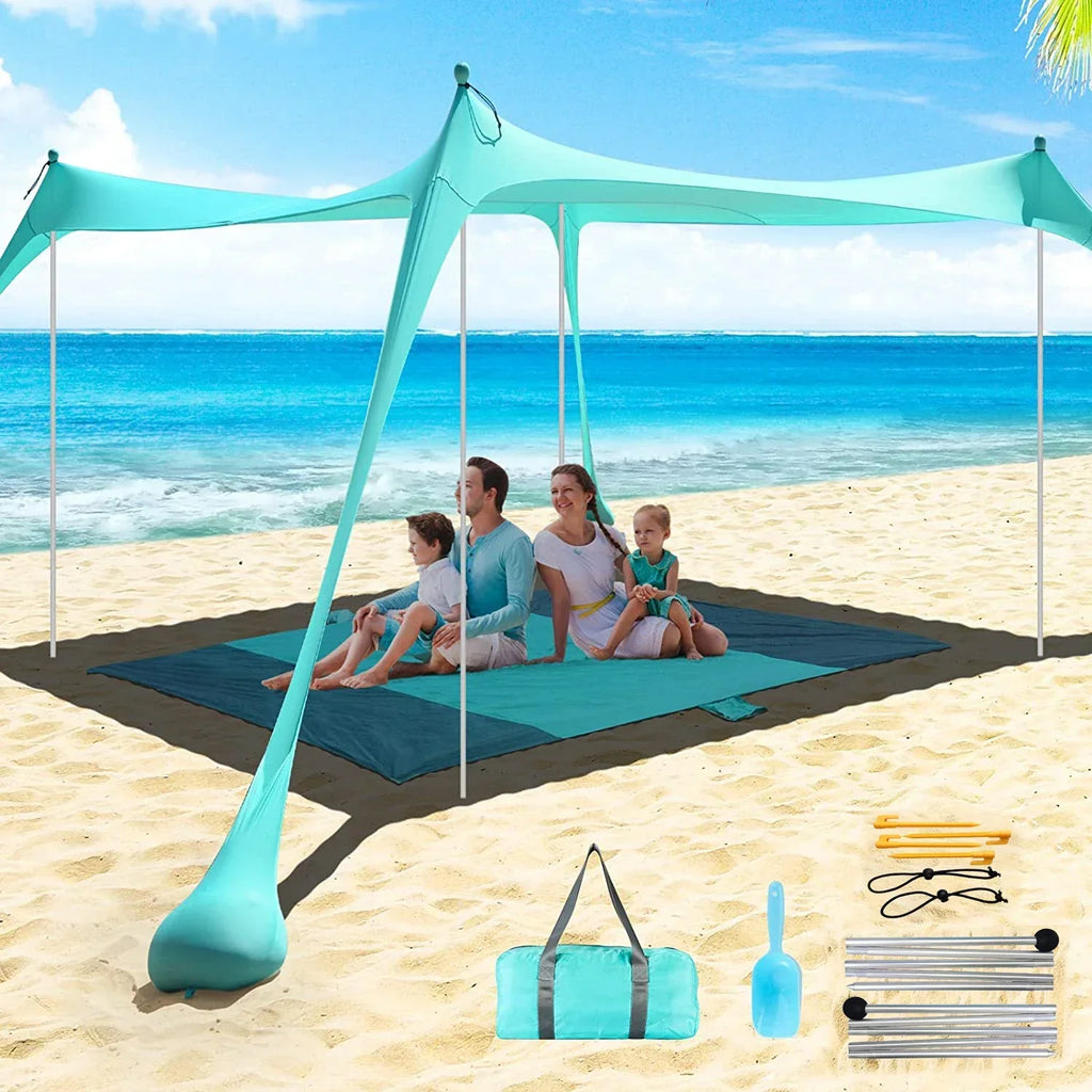 Family Beach Canopy Large Sunshade Tent With Stability Poles (Blue)