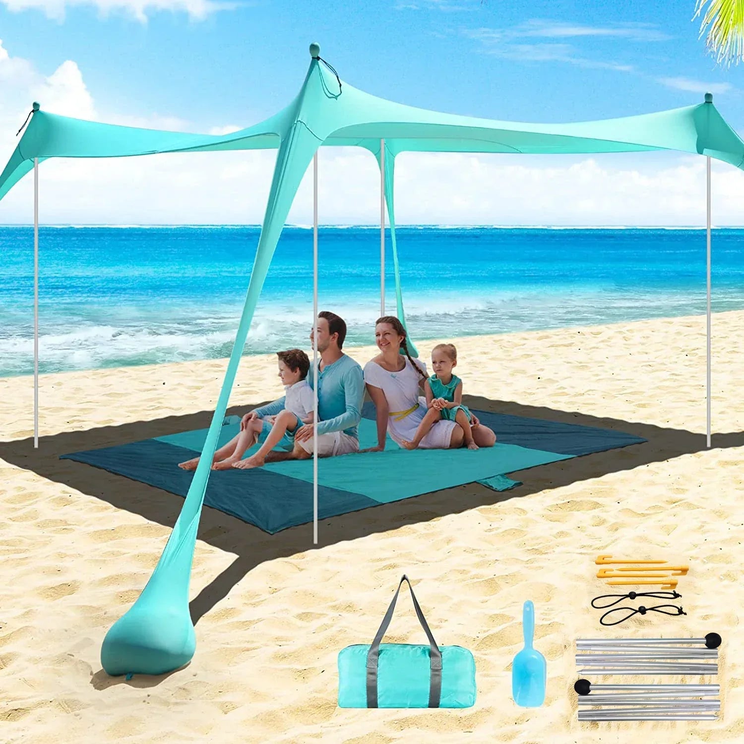 Family Beach Canopy Large Sunshade Tent With Stability Poles (Blue)