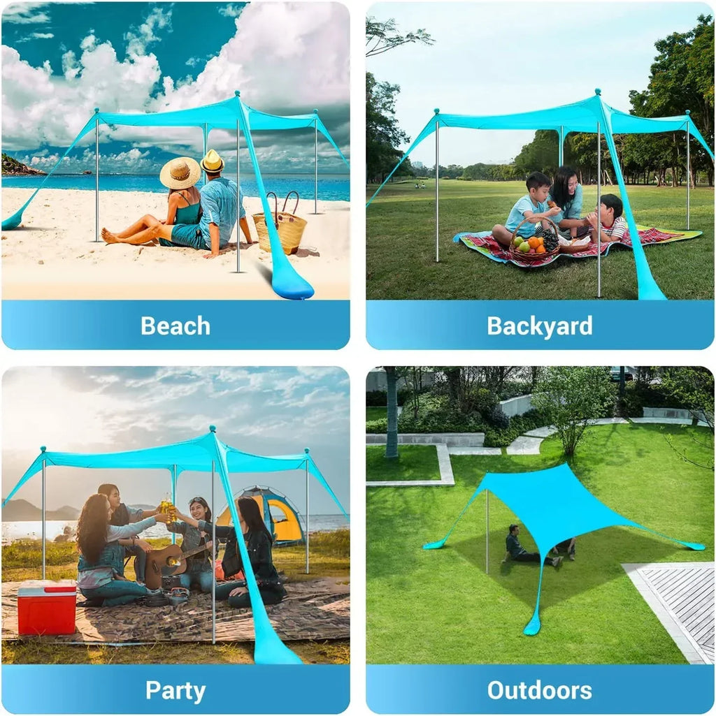 Family Beach Canopy Large Sunshade Tent With Stability Poles (Blue)
