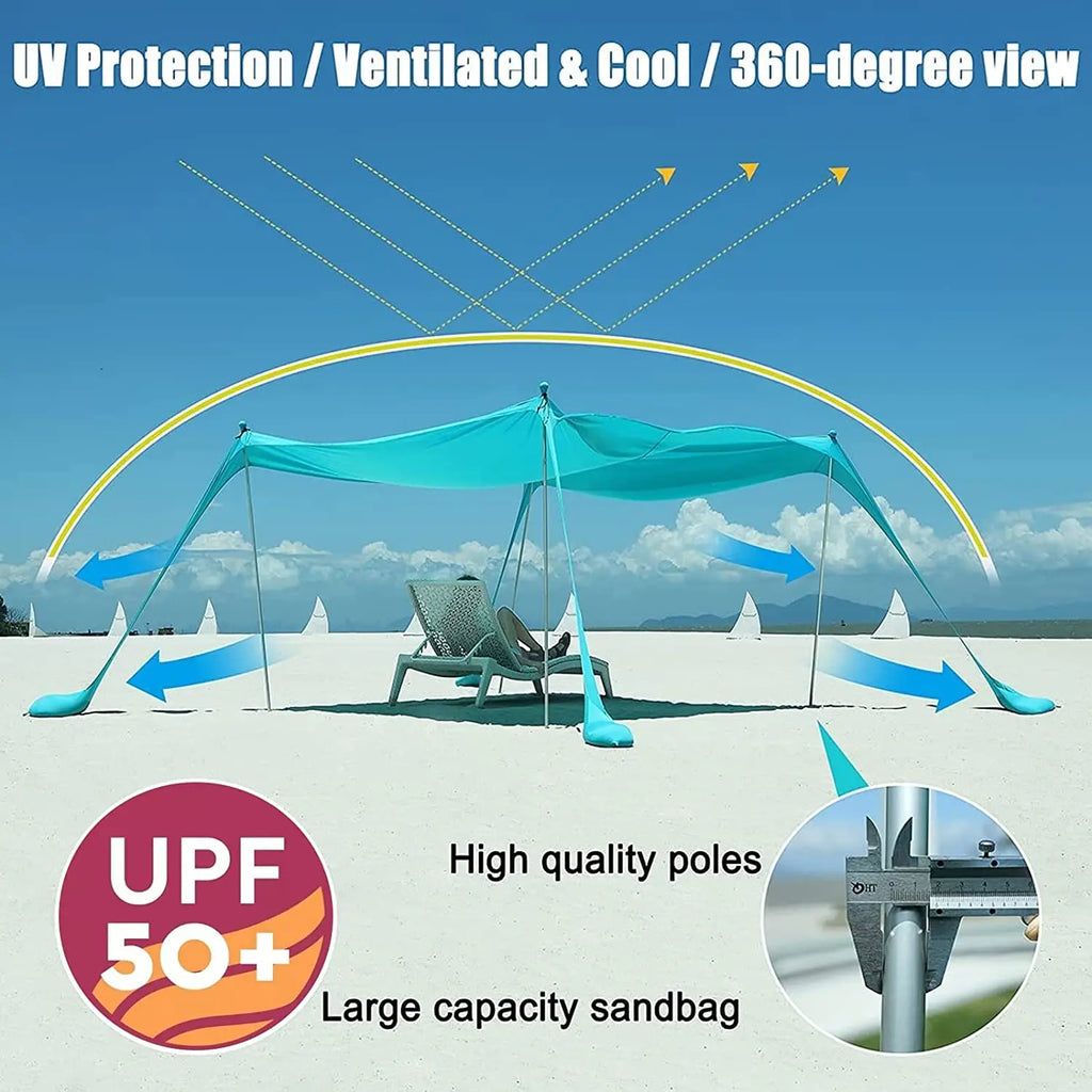 Family Beach Canopy Large Sunshade Tent With Stability Poles (Blue)
