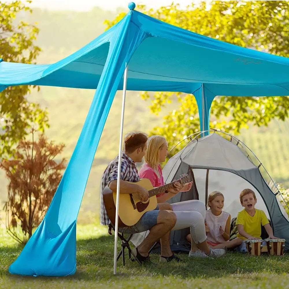 Family Beach Canopy Large Sunshade Tent With Stability Poles (Blue)
