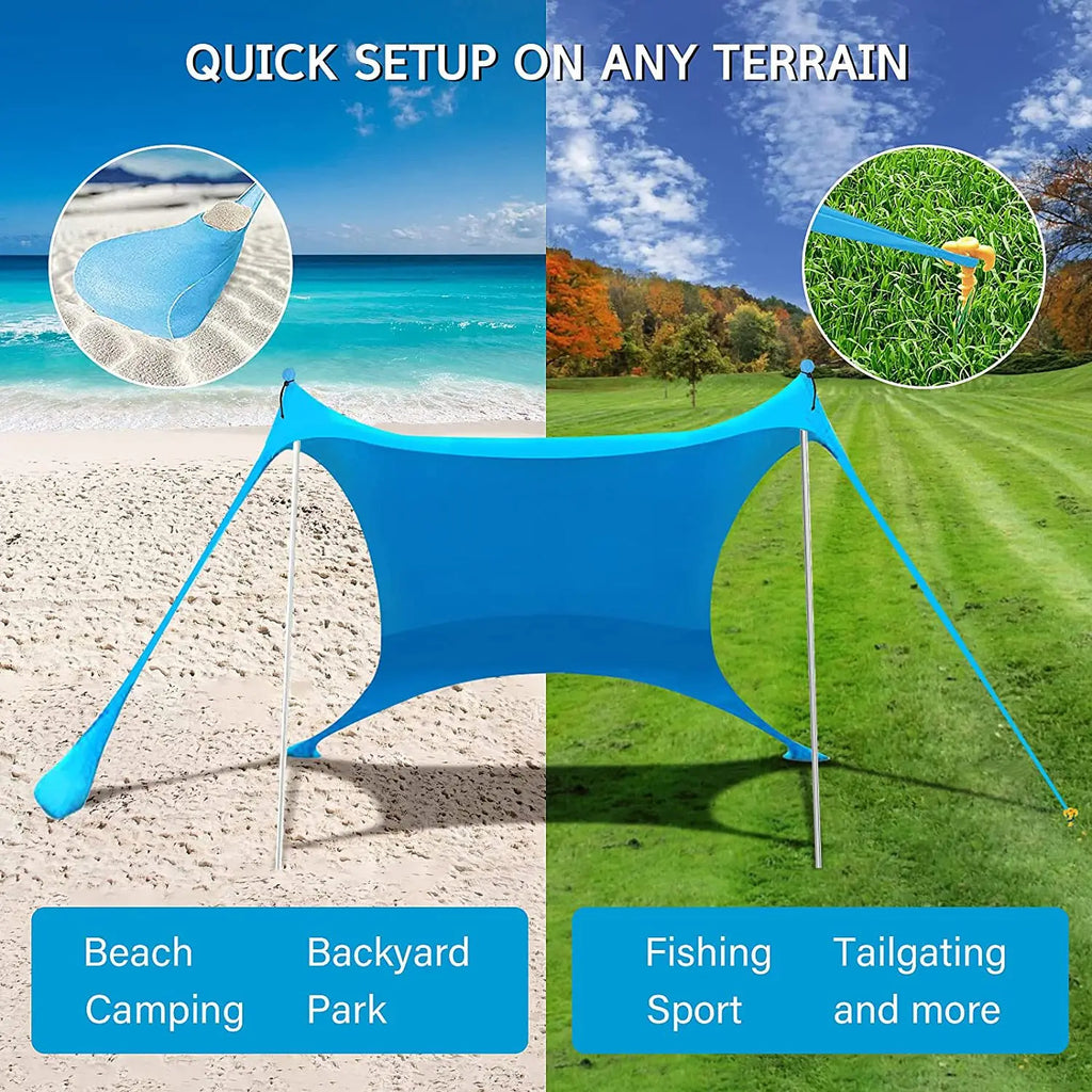 Family Beach Canopy Large Sunshade Tent With Stability Poles (Blue)