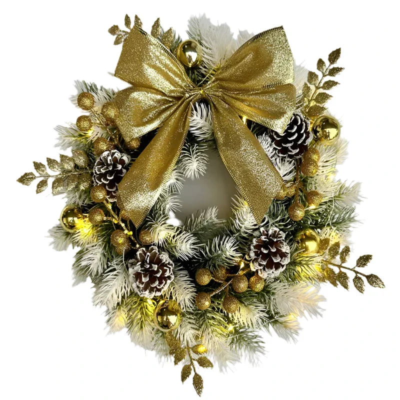 Golden Christmas Wreath With Pine Cones And Bow