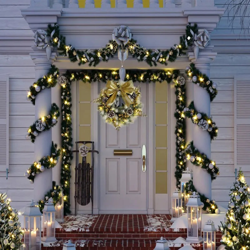 Golden Christmas Wreath With Pine Cones And Bow