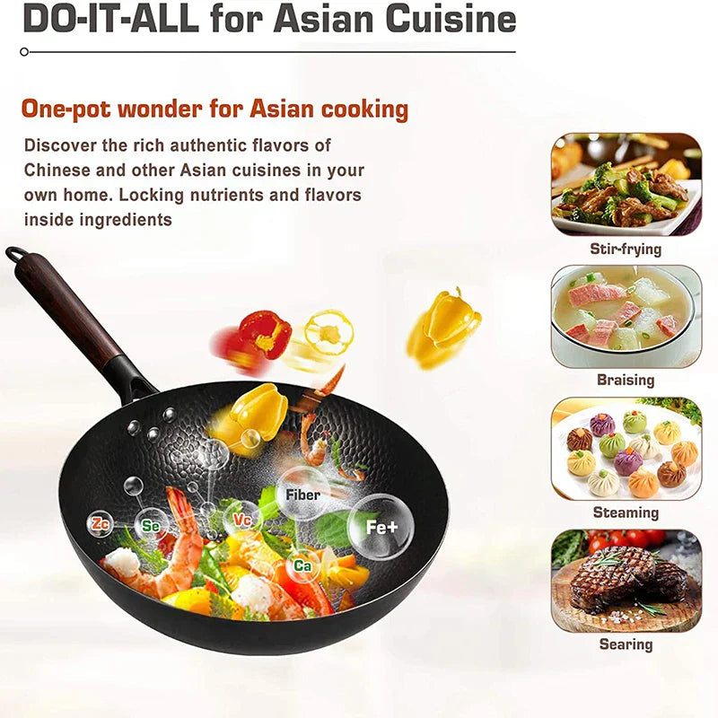 32cm Carbon Steel Wok with Wooden Lid Flat Bottom Non-Stick Black
