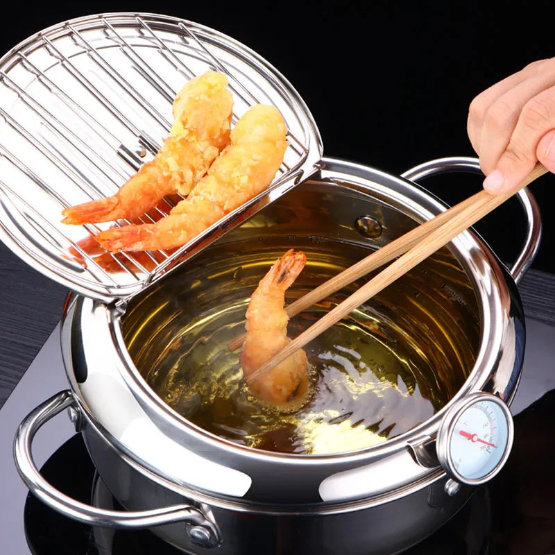 304 Stainless Steel Deep Frying Pot with Thermometer And Lid Silver
