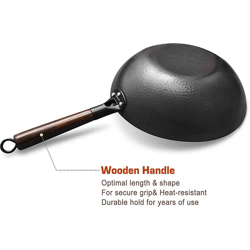 32cm Carbon Steel Wok with Wooden Lid Flat Bottom Non-Stick Black