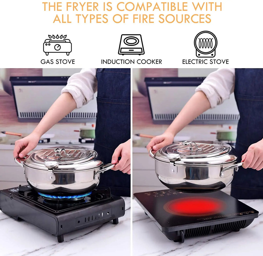 304 Stainless Steel Deep Frying Pot with Thermometer And Lid Silver
