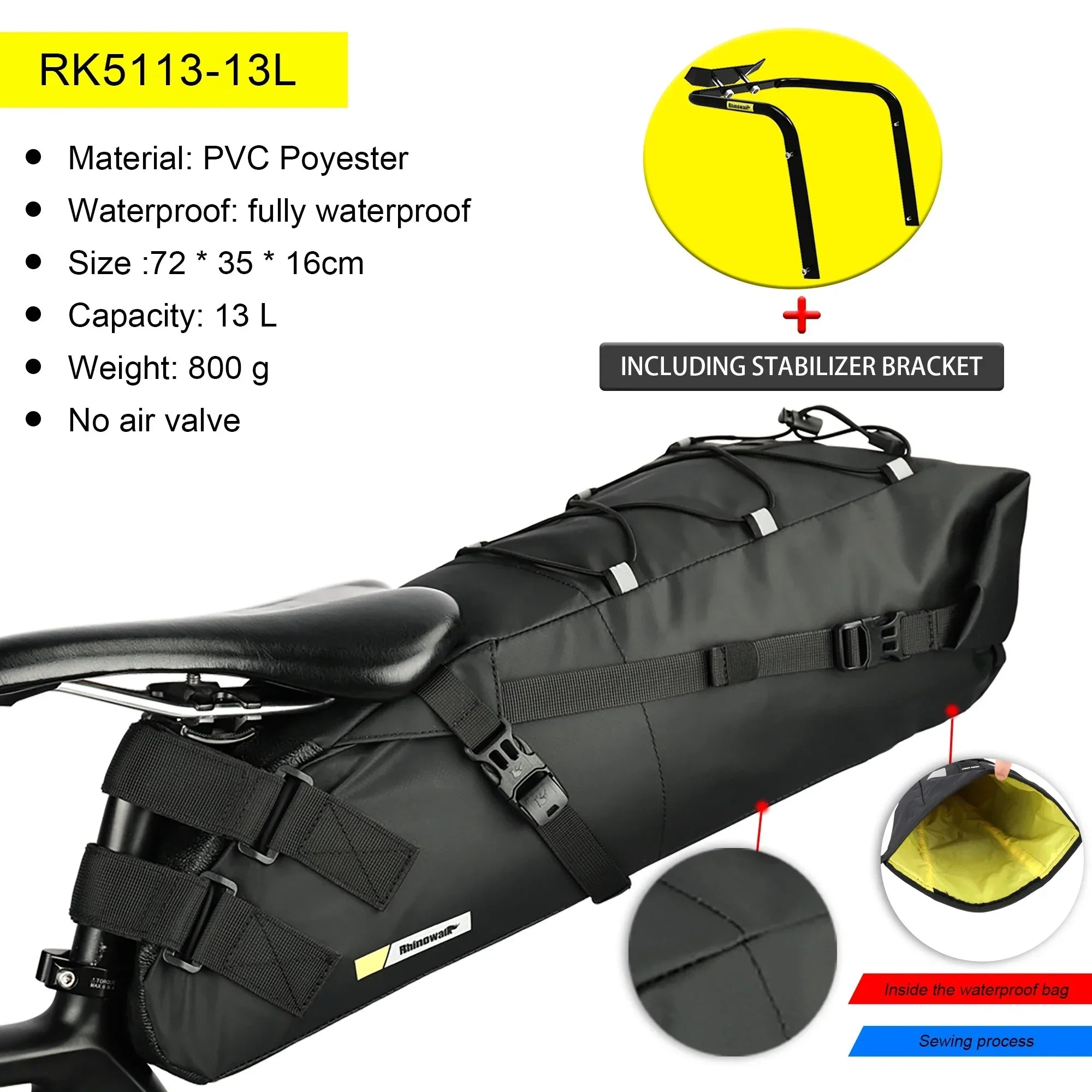13L Bike Saddlebag with Stabilizer Rack Rainproof Storage Set Black