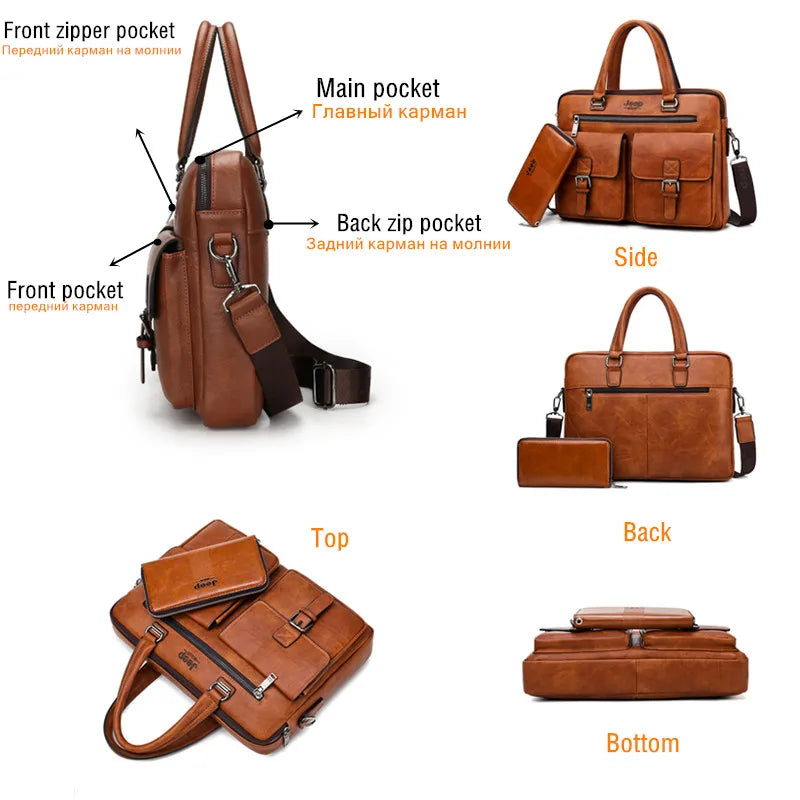 Men's Split Leather Business Briefcase Bag Set (Orange 8006-8888)