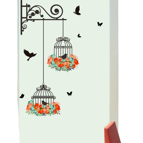 Flower birdcage flying birds wall sticker