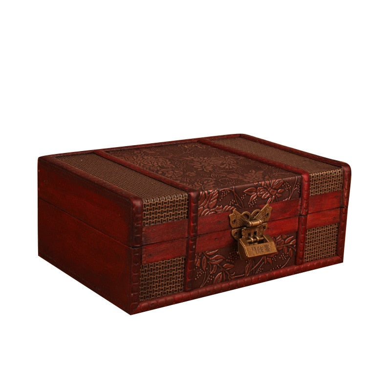 European Vintage Wood Box With Lock Storage Box Rectangle Desktop Box Antique Wooden Jewelry Box