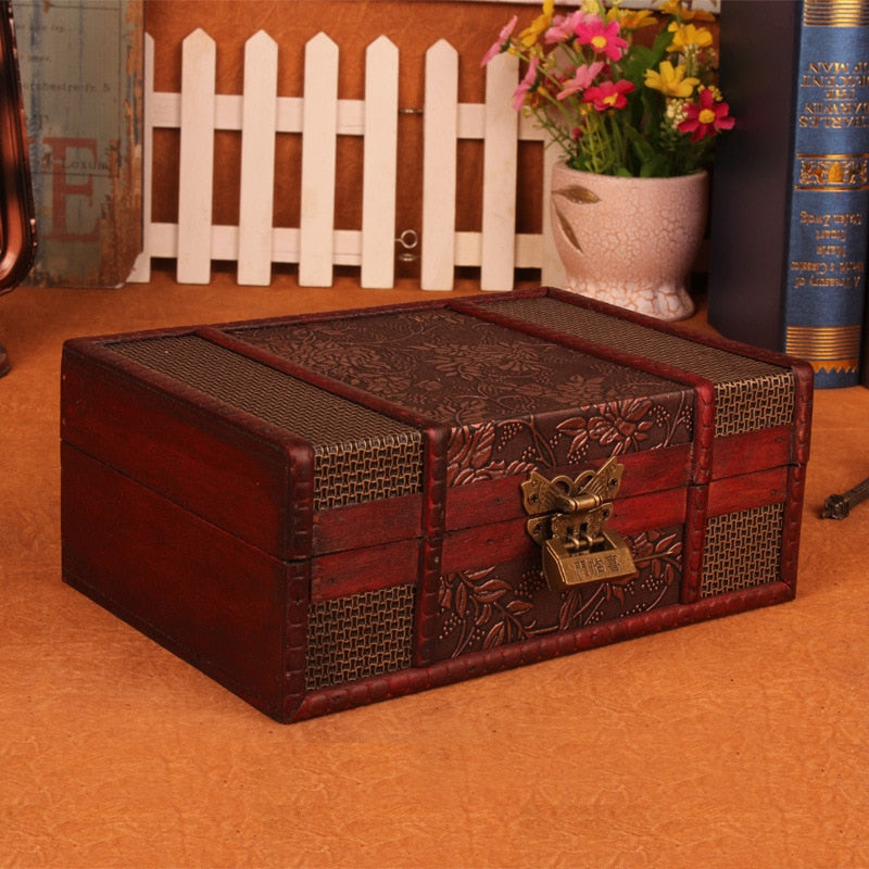 European Vintage Wood Box With Lock Storage Box Rectangle Desktop Box Antique Wooden Jewelry Box