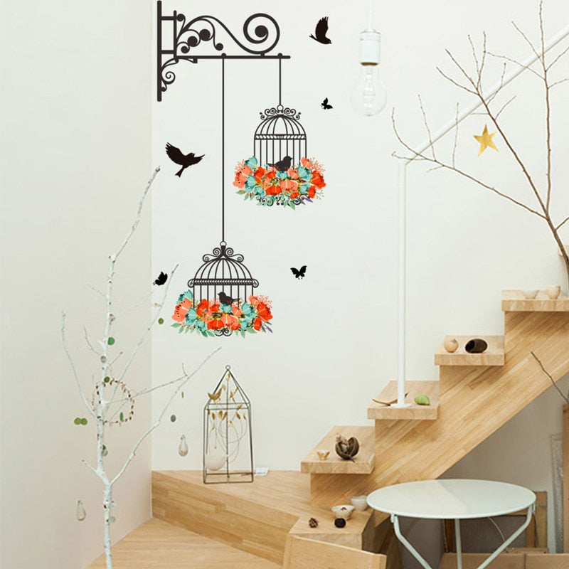 Flower birdcage flying birds wall sticker