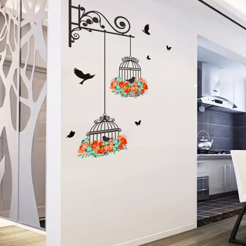 Flower birdcage flying birds wall sticker