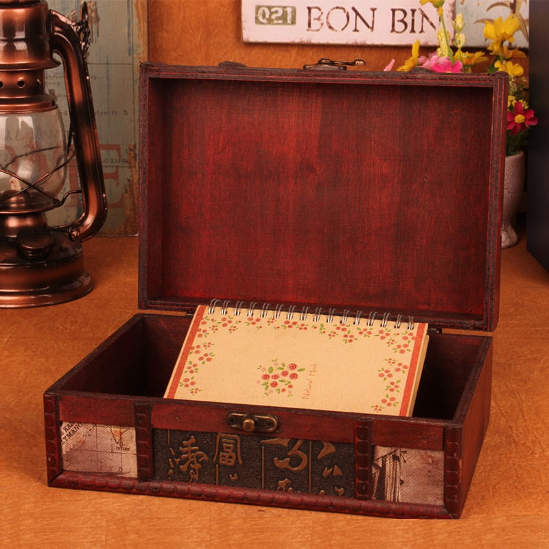 European Vintage Wood Box With Lock Storage Box Rectangle Desktop Box Antique Wooden Jewelry Box