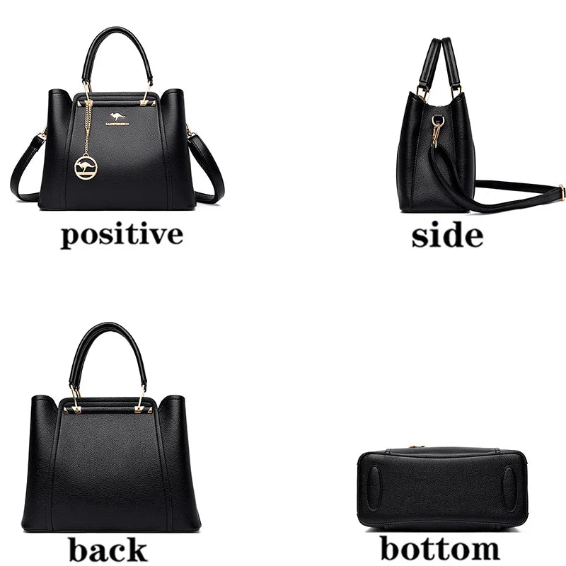 3-Layer Leather Shoulder Tote Crossbody Bag
