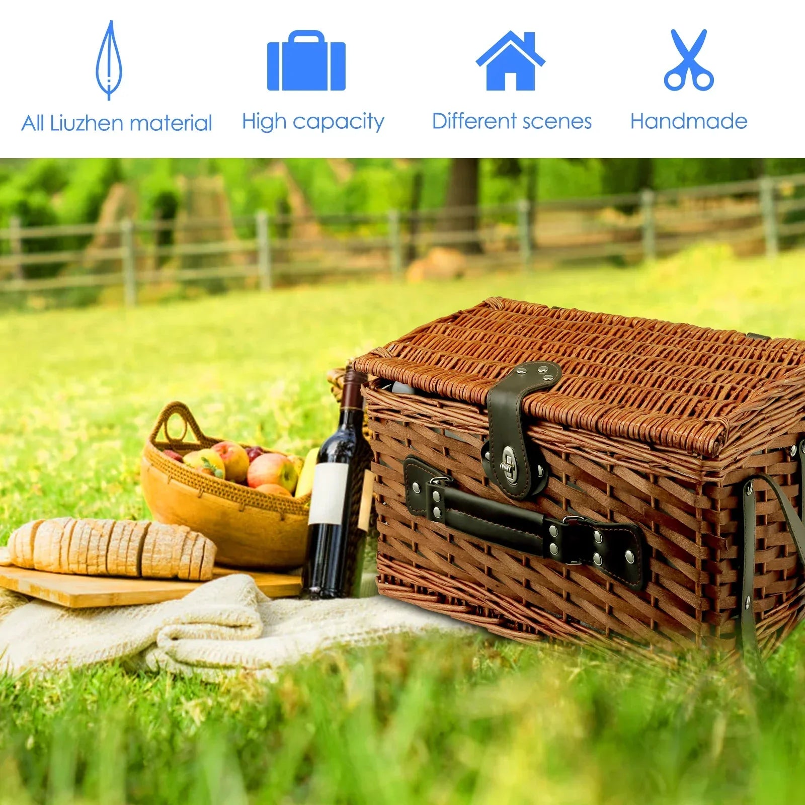 Handmade Wicker Picnic Basket With Blanket (4 Sets)