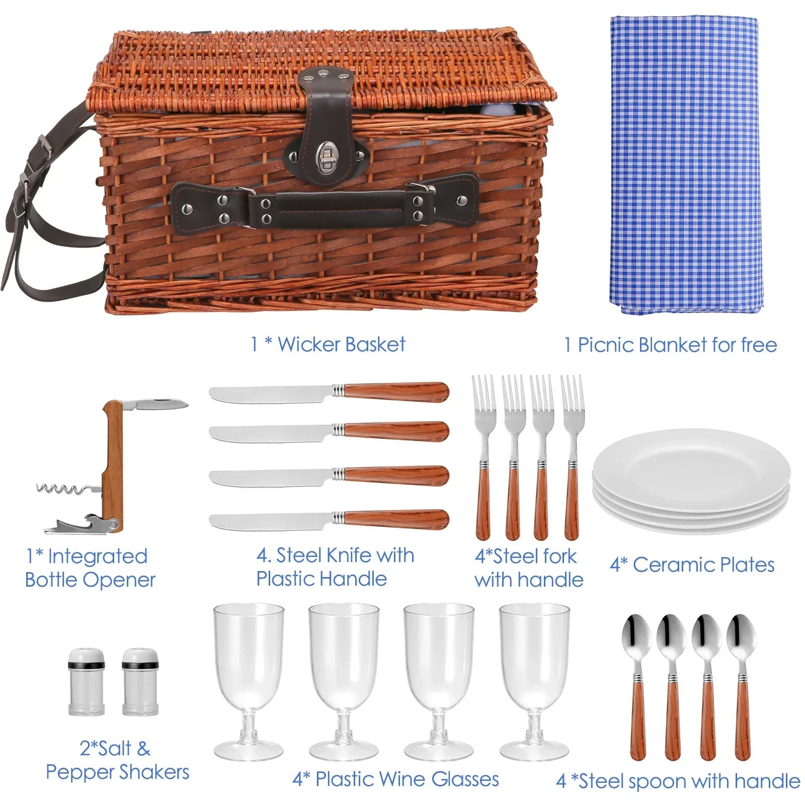 Handmade Wicker Picnic Basket With Blanket (4 Sets)