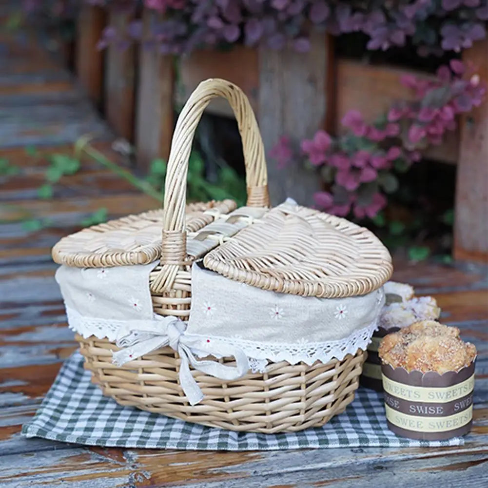 Woven Wicker Picnic Basket With Double-Lid Handle