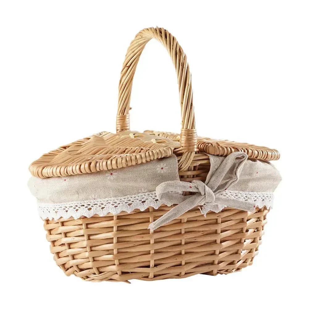 Woven Wicker Picnic Basket With Double-Lid Handle