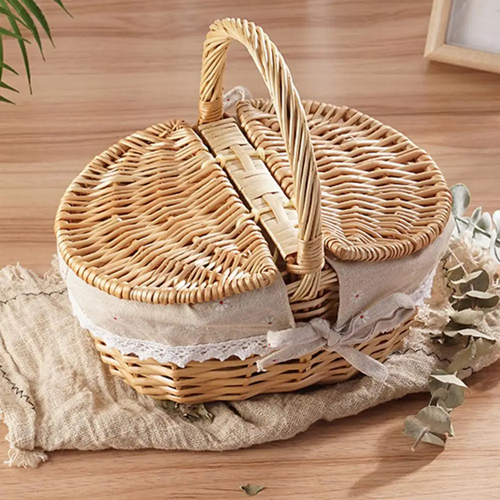 Woven Wicker Picnic Basket With Double-Lid Handle