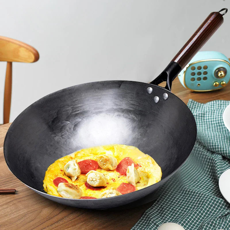 32cm Hand-Forged Iron Wok Pure Iron Non-Coated Stir Fry Pan Brown